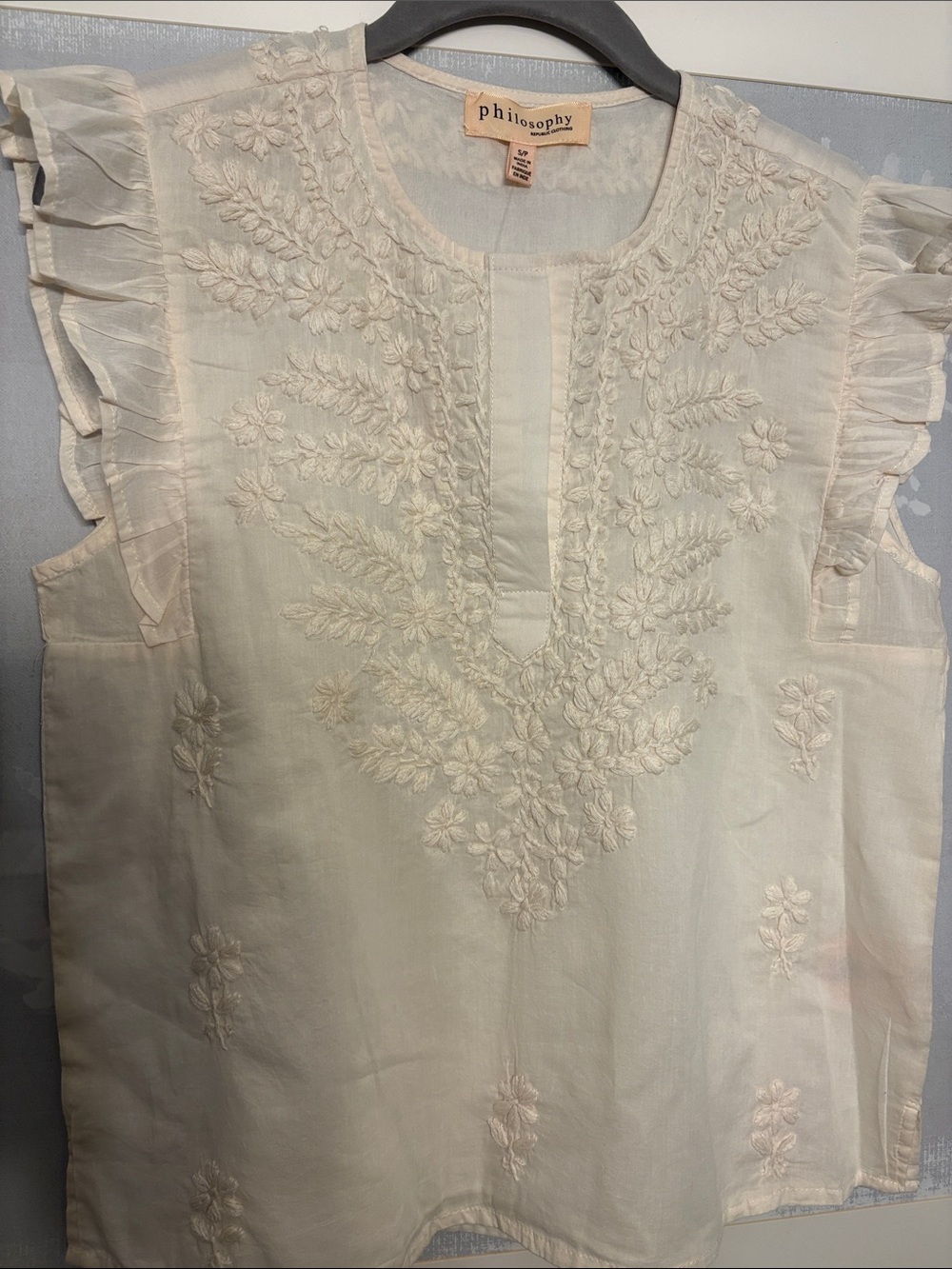 Philosophy Ivory Embroidered Ruffle-Sleeve top